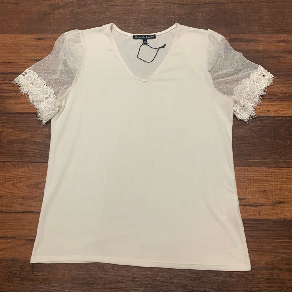 Zoey & Leelo Women's L Top Knit Blouse Lace Short Sleeve V Neck Cream Ivory